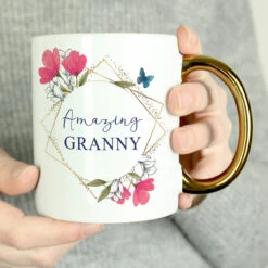Personalised Geometric Floral Gold Handle Mug -Yankee Candle Shop pmc personalised p0805n44 geometic floral gold handle mug 06