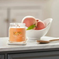 Yankee Candle Farm Fresh Peach Signature Medium Jar Candle -Yankee Candle Shop yankee candle 1631781e farm fresh peach signature medium jar candle lifestyle 1